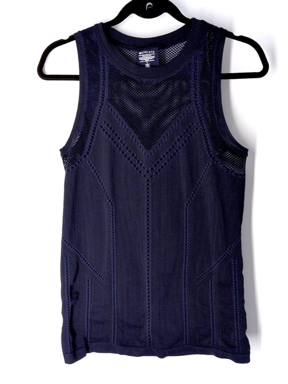 Athleta Oxygen navy blue/black seamless laser cut gym tank L mesh high neck